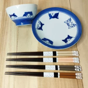 Mino Ware Kitty Cat Meow Rice Bowl Plate Chopsticks Set Made in Japan