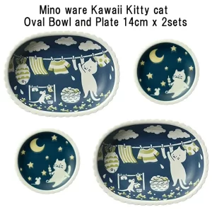 Mino ware Kawaii Kitty cat oval bowl and plate 14cm x 2 sets made in Japan