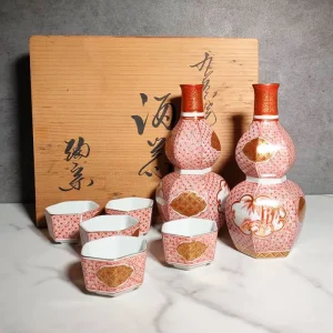 Vintage Kutani ware SAKE bottle SAKE cup set Crane design Made in Japan